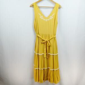 Joie Tiered Maxi Dress Sz‎ 10 Mustard Yellow Embroidered V Neck Sleeveless